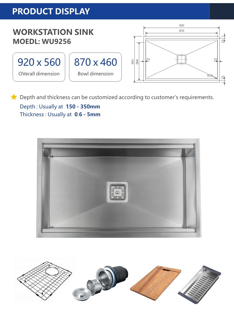 16 Gauge Workstation Sink , Brushed Single Bowl Drop In Sink