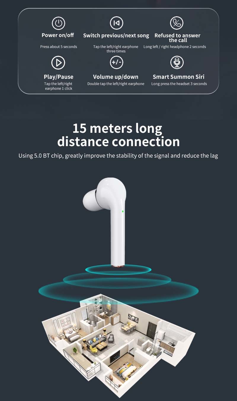 80dB Premium Deep Bass Wireless Bluetooth Stereo Earbud Earphones Built In Mic