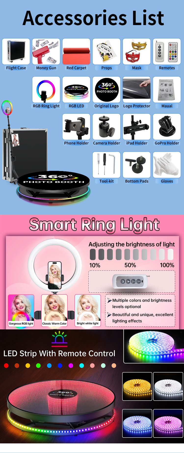 High Capacity 360 Photo Booth with Digital Backdrop Edit Software and Remote Control
