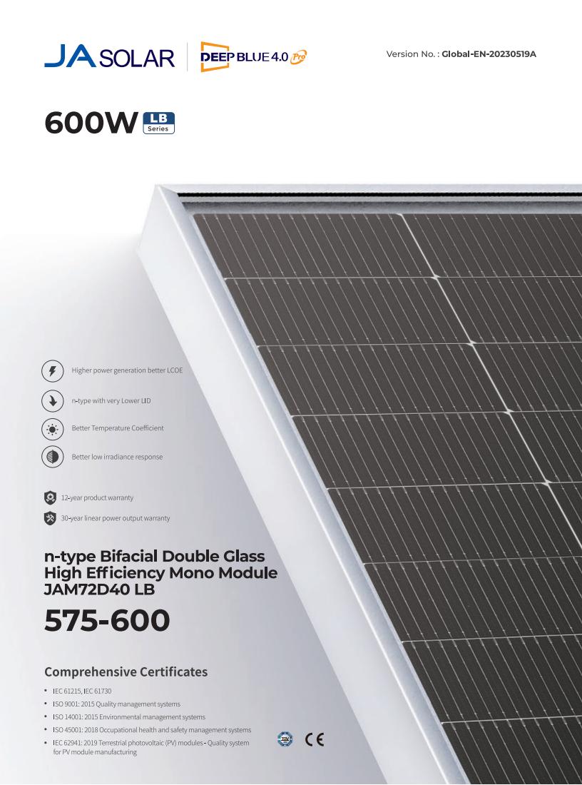 JA Solar N-Type Bifacial Mono Modules 575w 580w 585w 590w 595w 600w CE TUV Certificate
