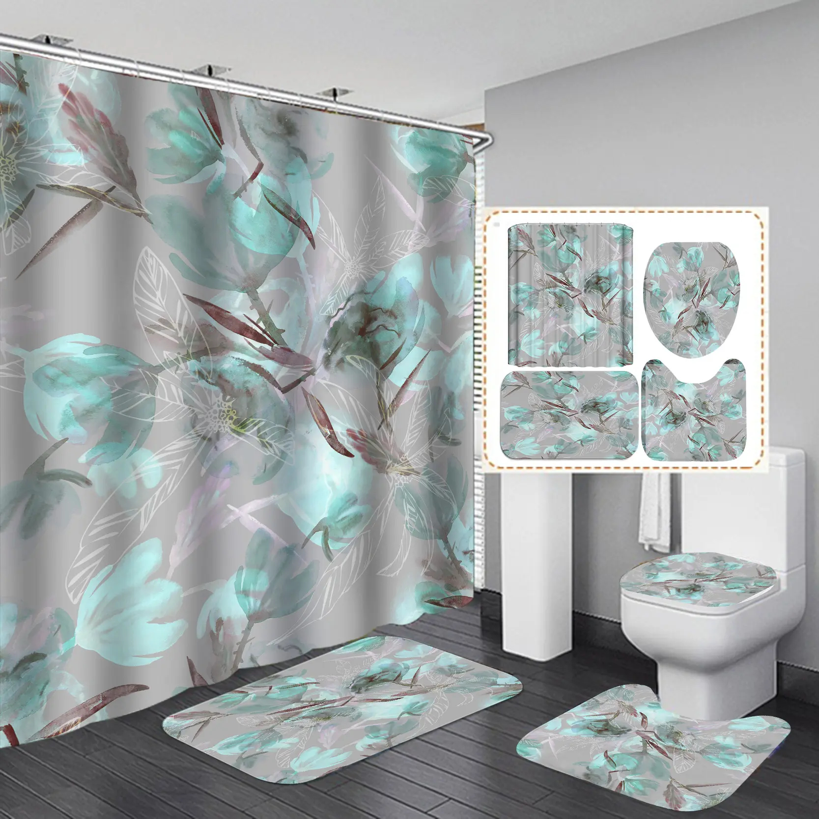 Thicken Digital Printing Flower Design Bathroom Shower Curtains and Rugs Set Seasonal