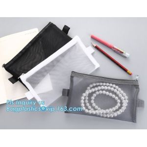 pen folder bag for holding small stationery, plastic mesh zipper document bag,