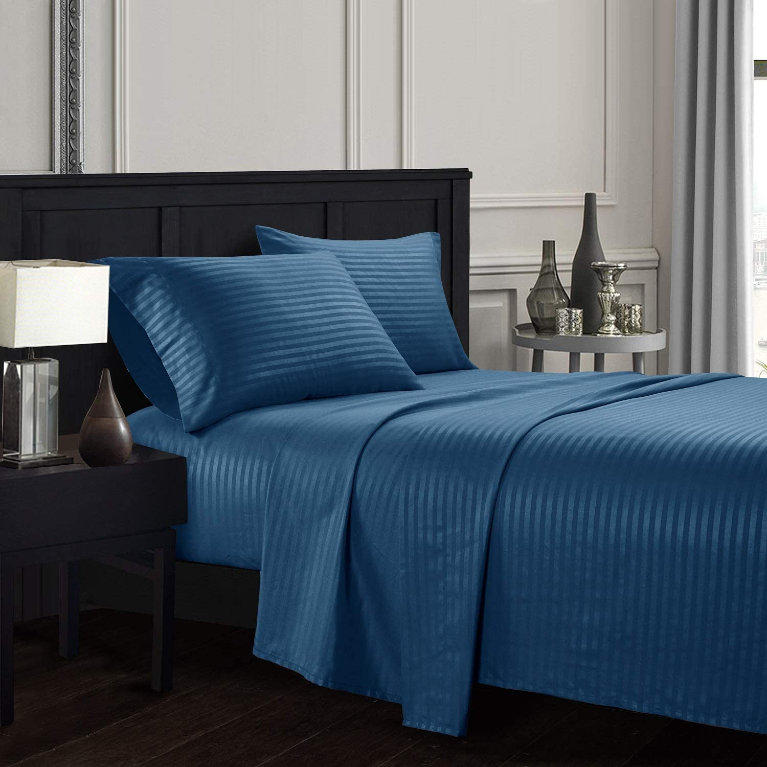 Satin Stripe 90GSM Microfiber Extra Soft Luxury Bed Sheets Set 3pcs 4pcs Navy Deep Pocket