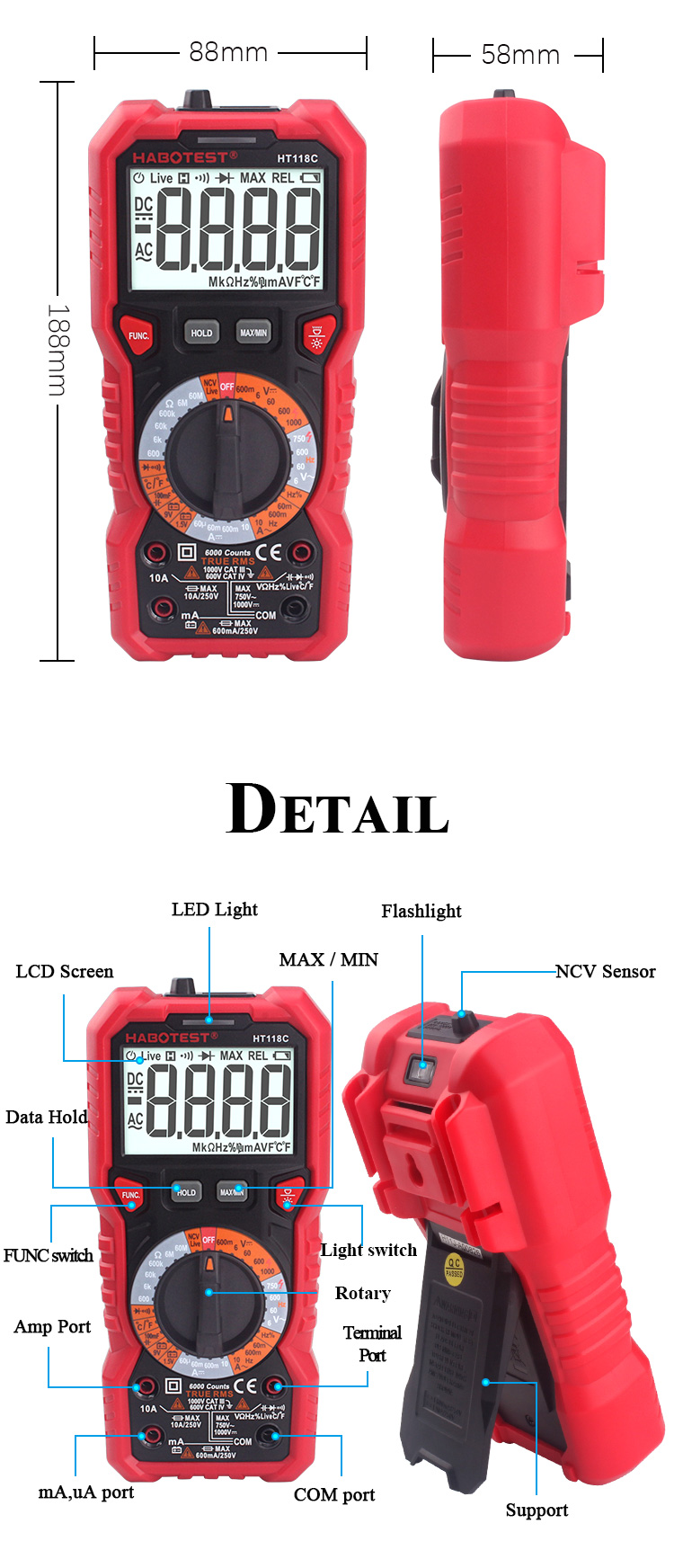 Digital Voltmeter Ammeter Ohmmeter Multimeter Digital Volt AC DC Tester Meter with Capacitance Frequency Temperature Tes