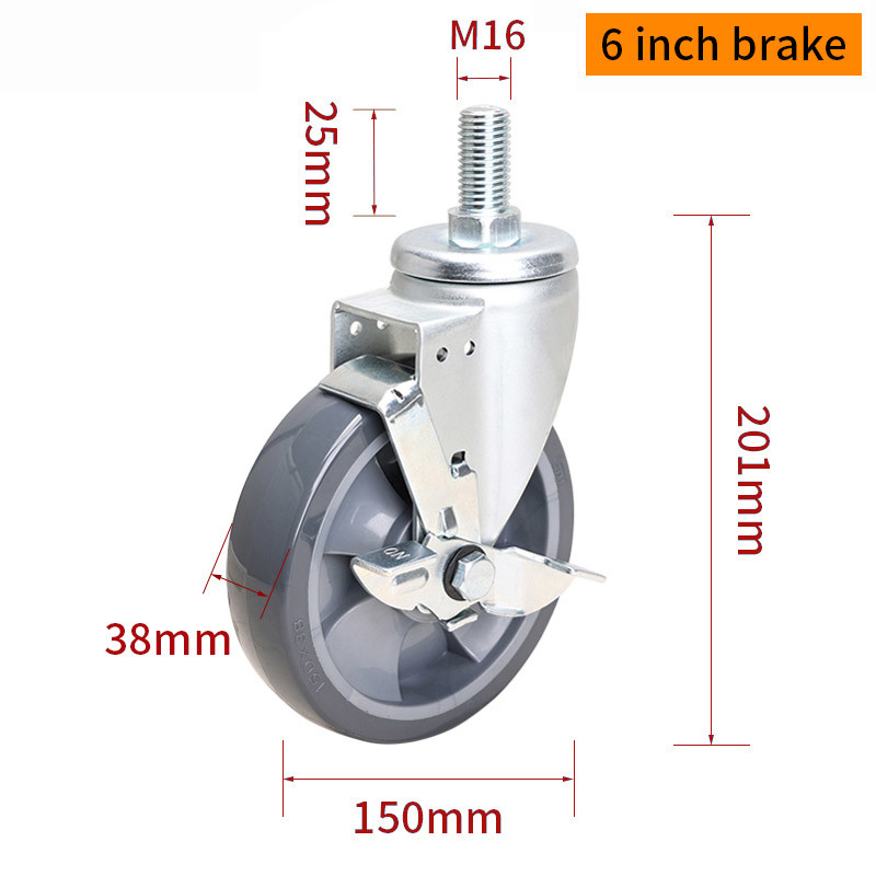 Medium Duty TPU Caster 6 Inch 250kg Load Threaded Castor Wheels