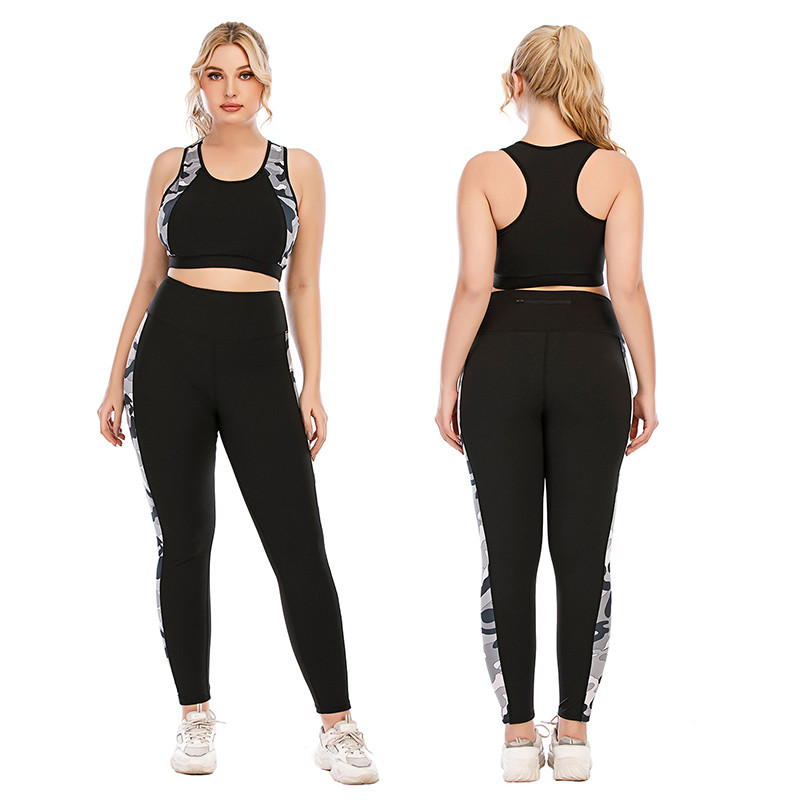 Side Camo Plus Size Yoga Sets Moisture Wicking Sports Bra Top And Tight Leggings