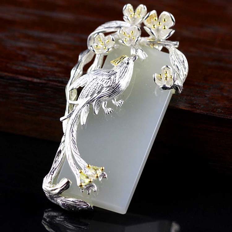 925 Sterling Silver Sculptured Flower Bird Natural Jade Pendant Necklace (DZ011049)