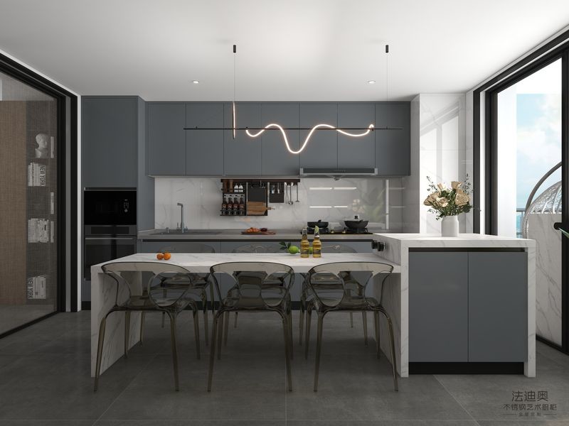 Fadior Gray-Blue Stainless Steel Double Linear Kitchen Cabinets With Wine Storage And Multifunctional Island