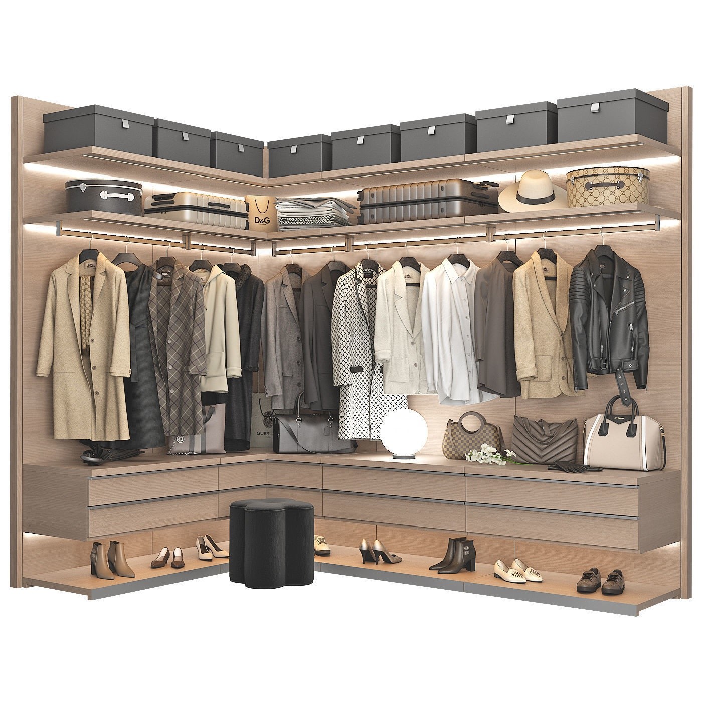 Luxury Walk In Closet Furniture With Shelves Designs With Storage Basket
