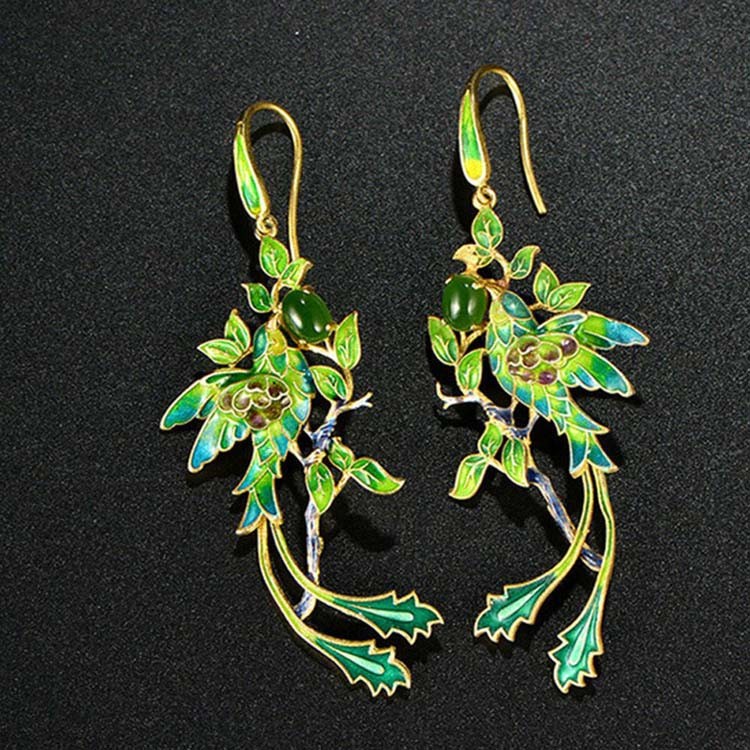 Gold Plated Stering Silver Drop Earrings with Enamel Phoenix Style Fashion Jewelry(E6050601GREEN)