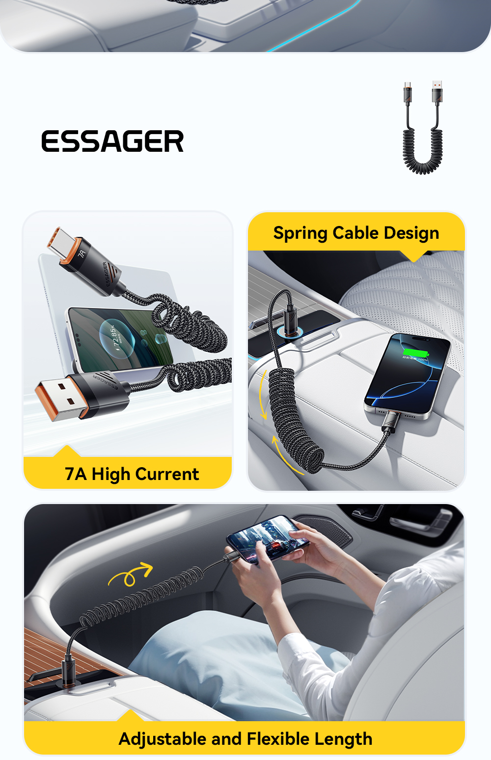 ESSAGER ES-X66 Spring Style Cable 100W 88W 7A USB Type C to USB Cable