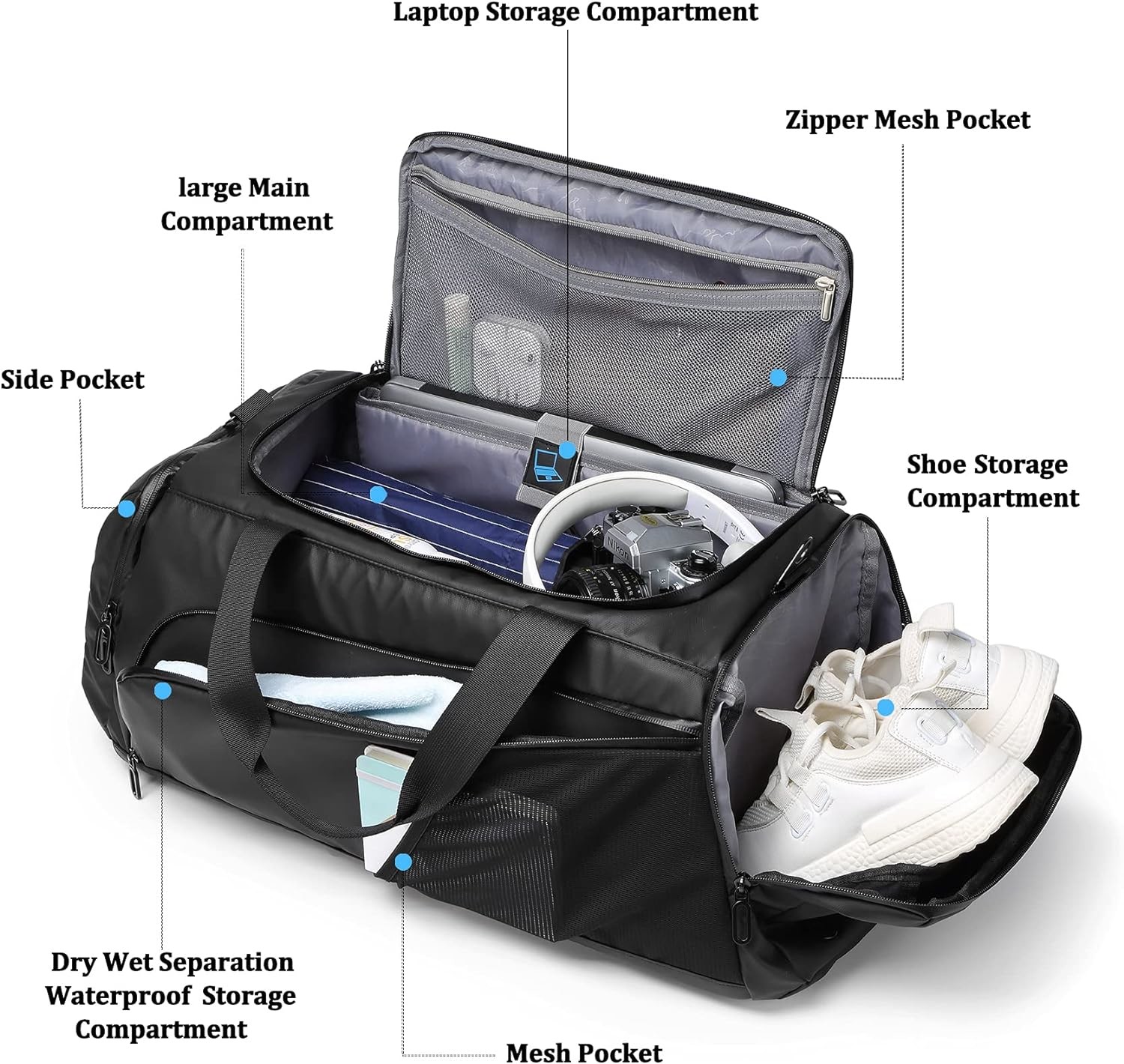 GYM DUFFLE BAG WATERPROOF SPORTS DUFFEL BAGS TRAVEL WEEKENDER BAG FOR MEN WOMEN OVERNIGHT BAG WITH SHOES COMPARTMENT