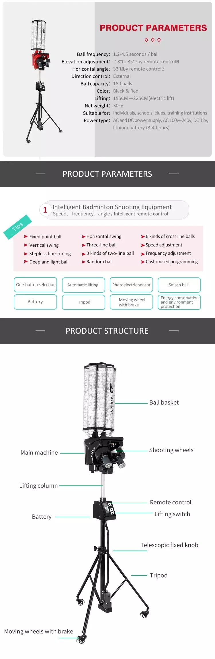 -15Degree 120W Badminton Shuttlecock Shooting Machine With Battery