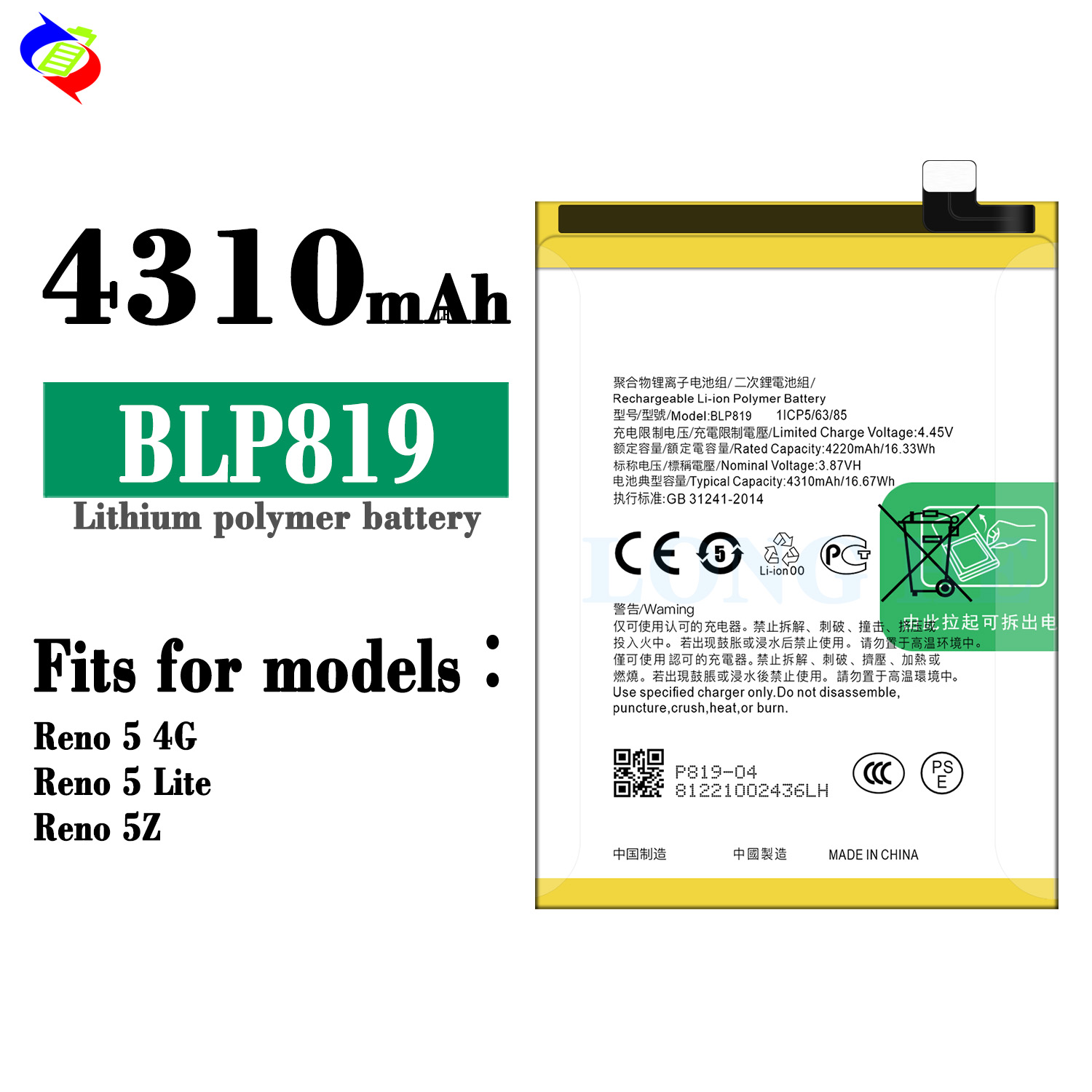 Original Rechargeable BLP819 Battery for OPPO RENO 5 4G Reno6 Z Reno 6Z 5G 4310mAh 3.87V