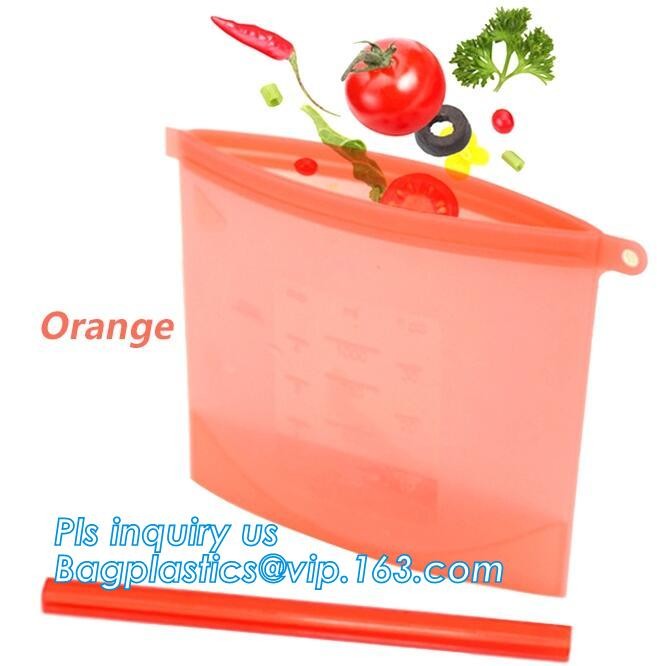 Storage preservation reusable silicone food bag,FDA reusable silicone storage food bag with Zip lockk in microwave bagease