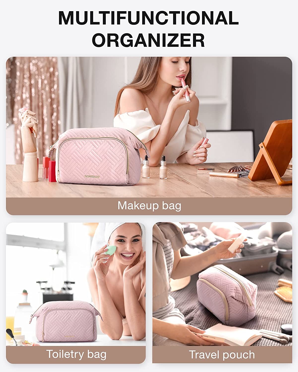 Custom Logo Large Wide-open Travel Makeup Bags Carry All Pouch for Toiletry Accessories Make Up Cosmetic Organizer Case
