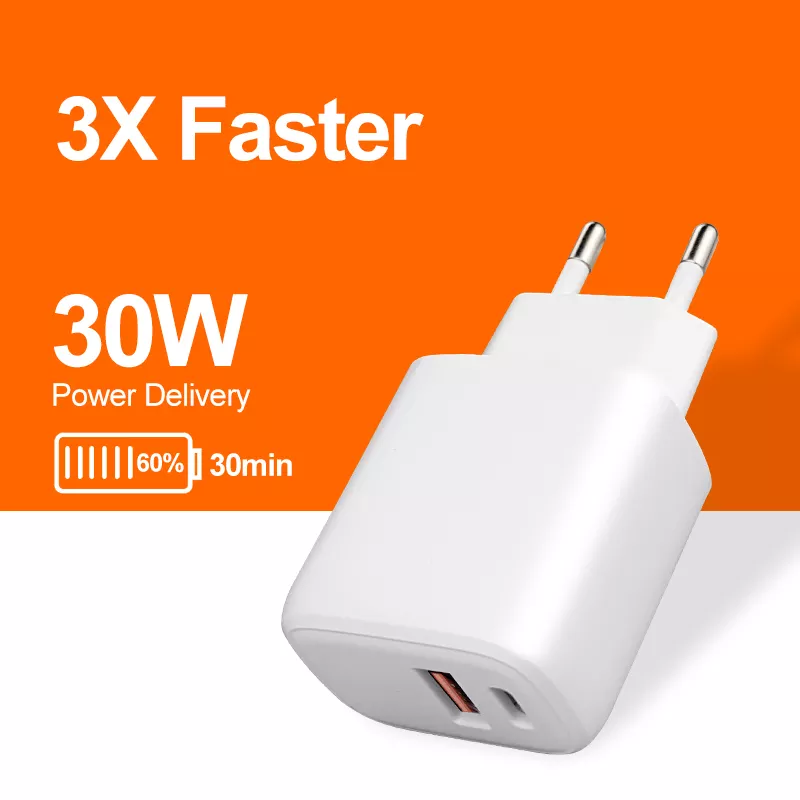 EU Plug 30W A C Charger PD Adapter for Fast Charging Laptops/Projectors