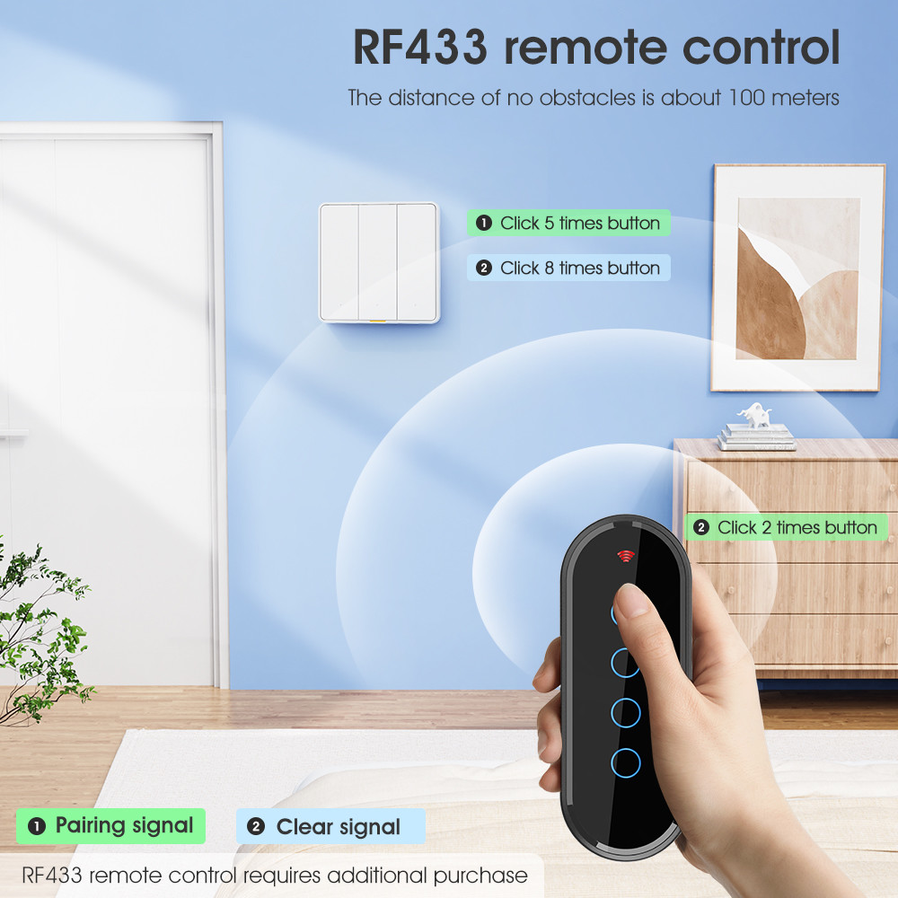 Tuya WiFi RF433 Smart Wall Switch, 110-250V, No Neutral Wire Required, Voice Control with Alexa, Google Home, Tmall Genie, and App Timing Features
