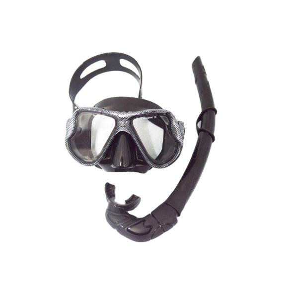 Customized Logo Black Diving Mask Set with Tempered Glass Lens and Silicone