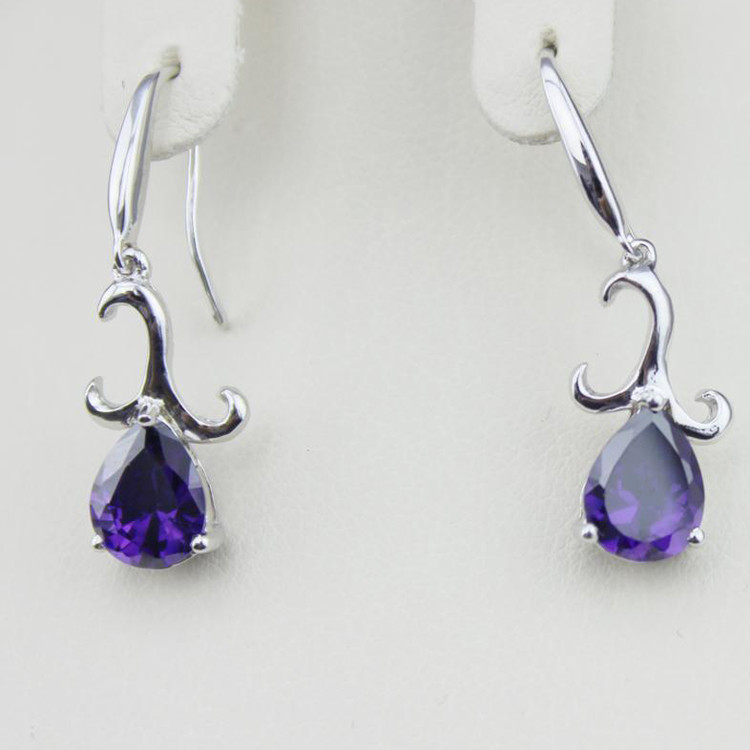 Sterling Silver 7mmx9mm Pear Shape Amethyst Cubic Zircon Dangle Earrings (PSJ03495)