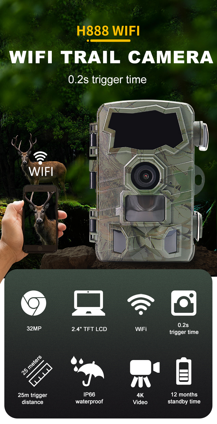 H888WIFI Wireless Long Range Trap Trail Camera Sends Picture To Cell Phone Long Distance Trail Cam Solar Panel IP66