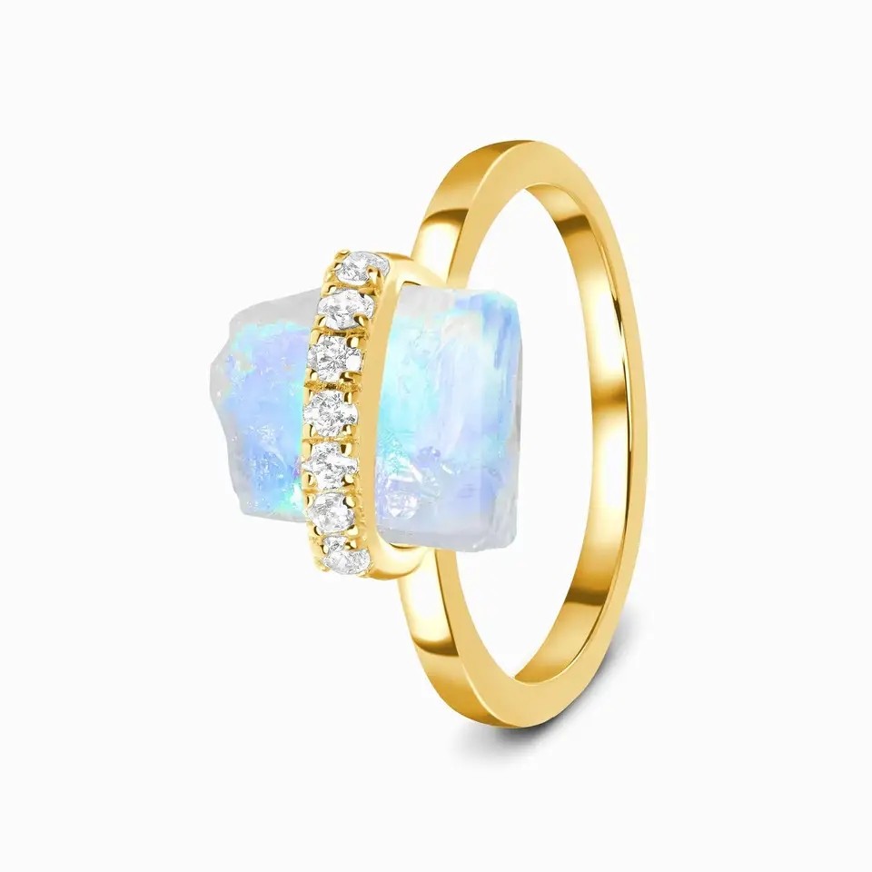 925 Sterling Silver Natural Raw Stone Moonstone Gemstone Jewelry Wedding Engagement Ring