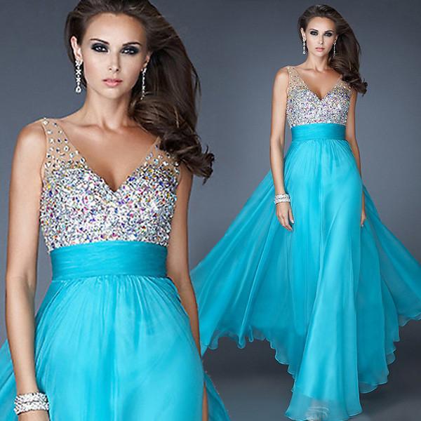 A-Line Beading Dress Long Evening Dress, Ice Blue Party Dresses, Champagne