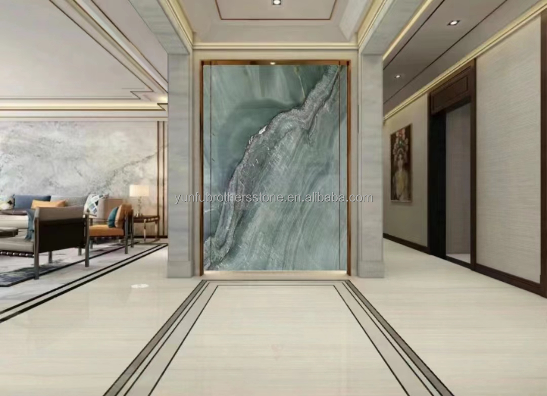 Modern Hotel Dining Table with Polished Green Marble Surface and Custom Graphic Design