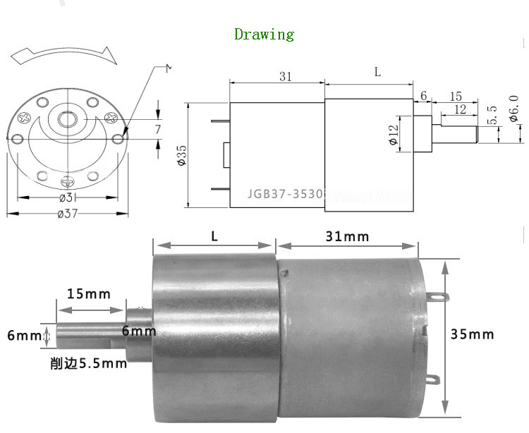 ASLONG JGB37-3530 12/24V 33-265RPM DC Brushed DC Reduction Motor Center Output Gearbox Low Speed Motor