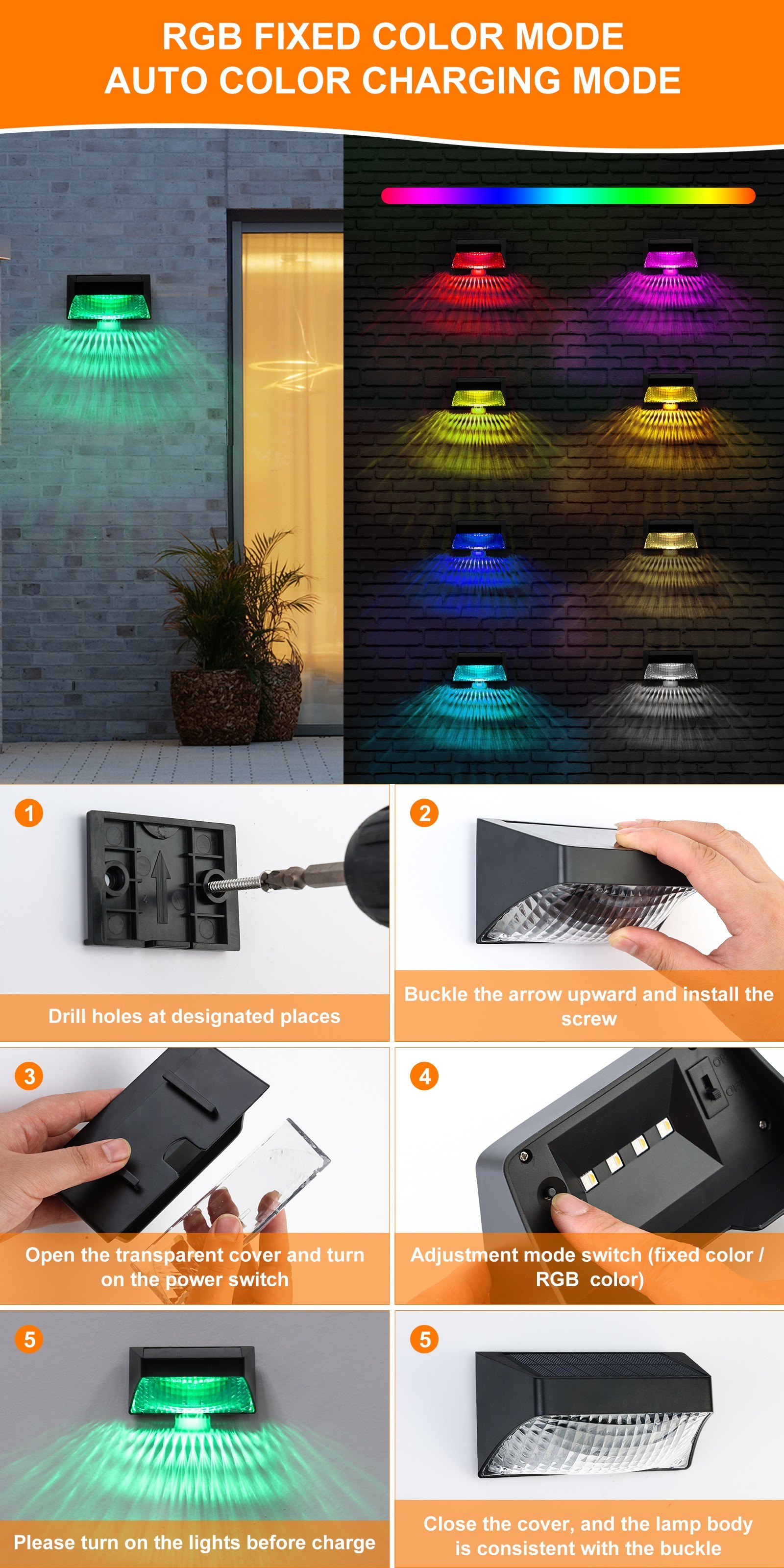 Solar Wall Fence Light For Patio Stairs Outdoor Garden Pathway Lamp IP65 Waterproof