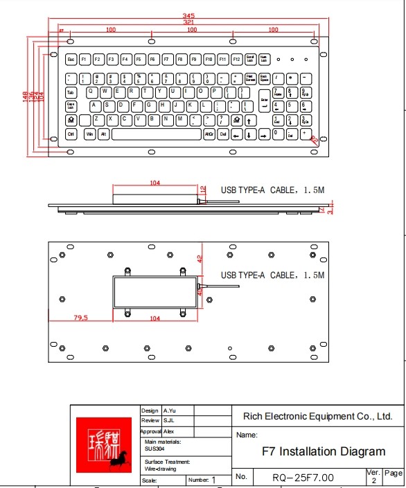 kiosk IP65 / IK07 102 KEYS Waterproof dustproof Industrial Computer Keyboard USB Rear Panel Mounted -40℃