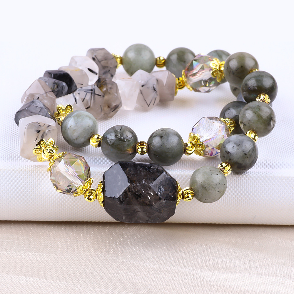 Handmade Labradorite Multifacted And Round Double Layer Stretch Bead Bracelet For Gift Giving