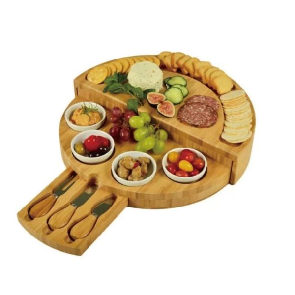 Best Gift Bamboo Tray Multi-function Round Shape Cheese Cutting Board with Knife