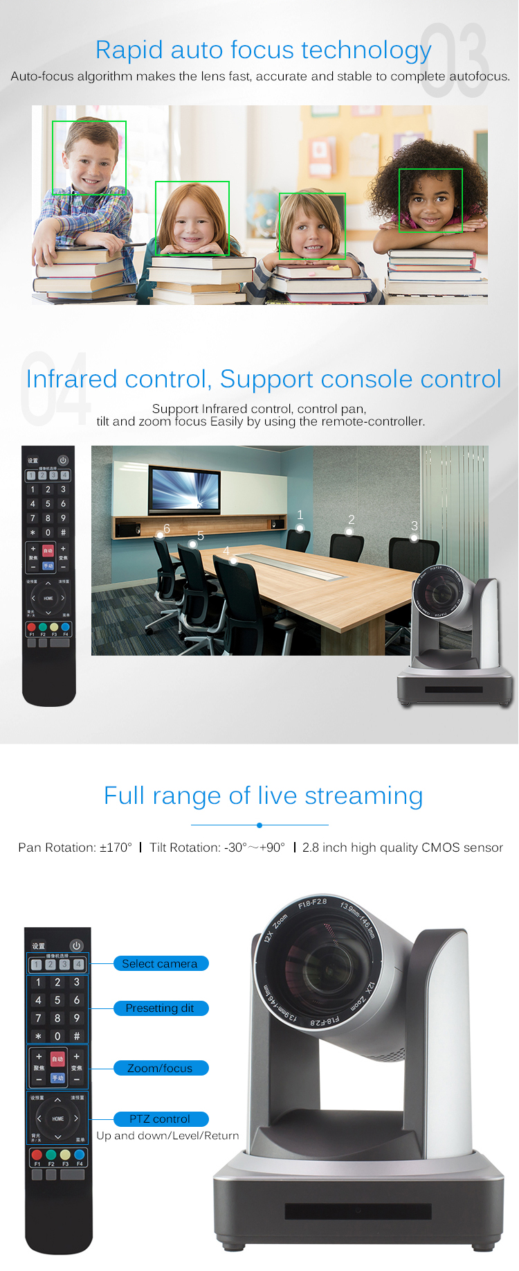 PTZ Video Conference Camera with 12x Zoom and SDI Output for Network Conference System