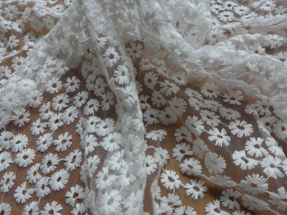 Daisy Small Flower Nylon Mesh Fabric By The Yard , Off White Lace Fabric For Dresses
