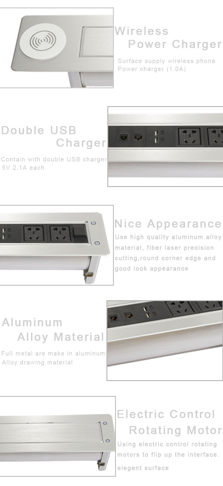 BNT New arrival multifunctional hidden table design desk outlet box brush sliver automatic flip up desktop outlet