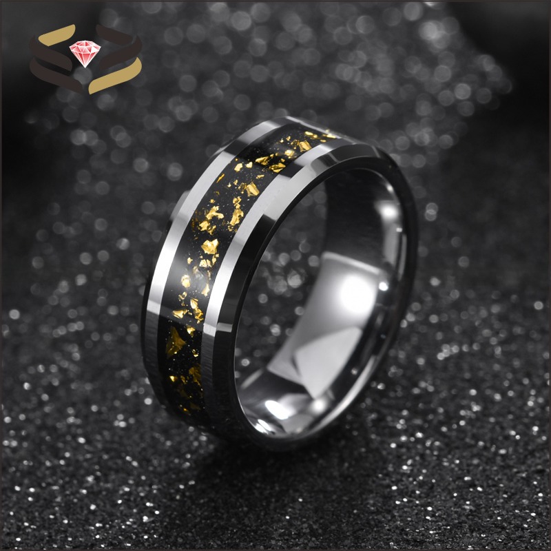 Round Gold Tungsten Wedding Bands 8mm With Gold Leaf Inlay And Beveled Edges