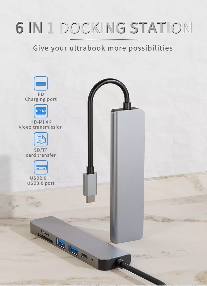 Usb Multiport 6in1 Docking Station Displayport Hub For Chromebook PD77W SD/TF Reader