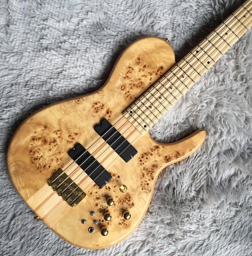 Custom 5 Strings Neck Through Body Burl Maple Top Electric Bass Guitar