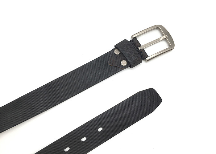 Simple Dark Nickle Buckle Mens Casual Leather Belt With Strip Embossing