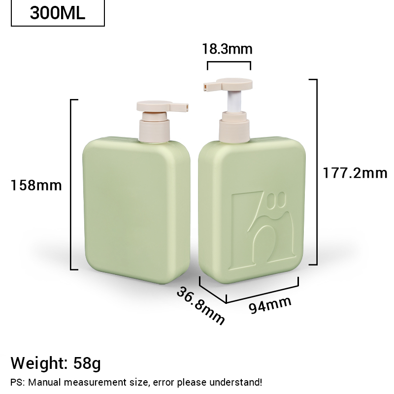 300ml Green Plastic Square Shampoo and Conditioner Bottle Custom Cosmetic Plastic Bottle with Flip top cap