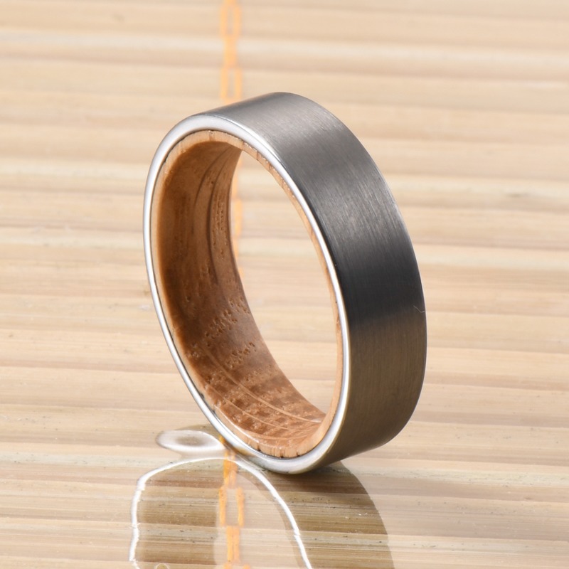 Whiskey Barrel Wood Inner 6mm Brushed Silver Tungsten Ring Ideal Wedding Band for Men Women Engagement Gift