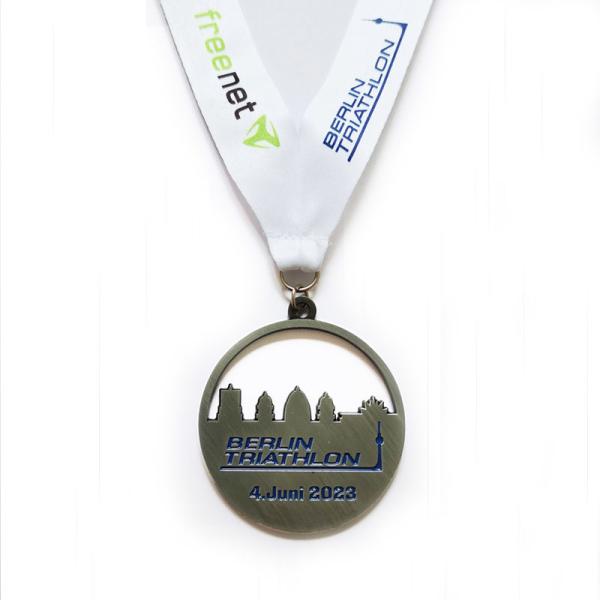 Custom Antique Silver Triathlon Medal Zinc Alloy Diecast With Heat Transfer