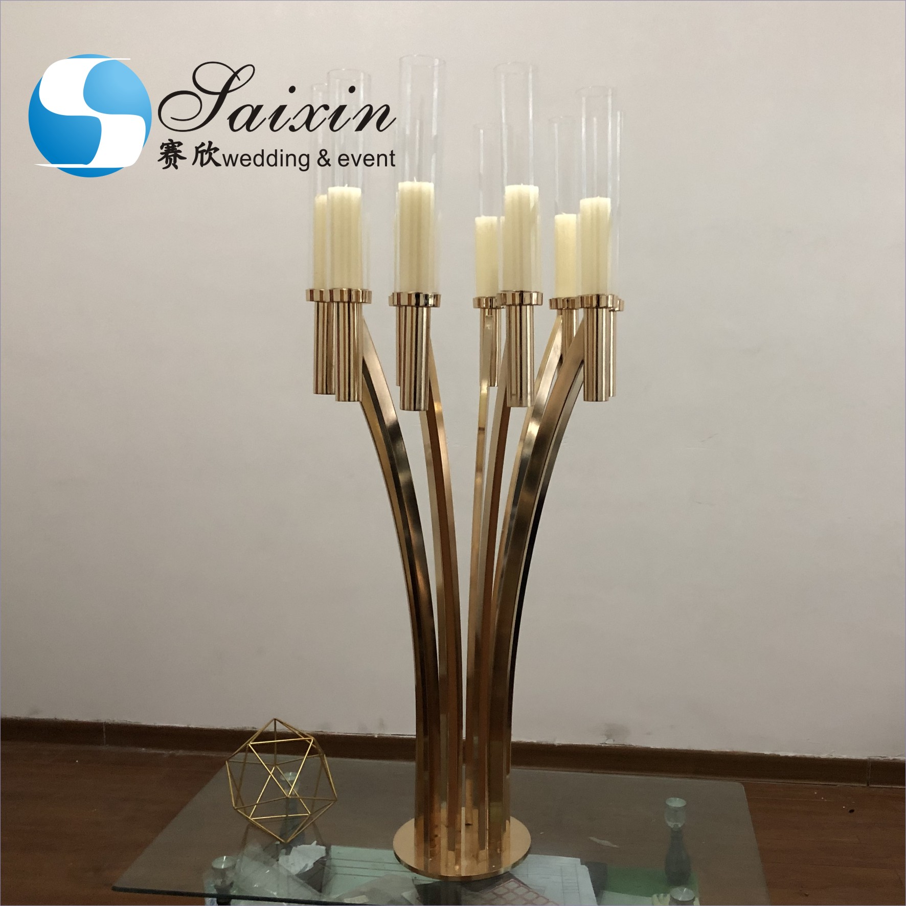 Wedding Gold Metal Stands For Centerpieces Cylinder With Long Crystal 130cm