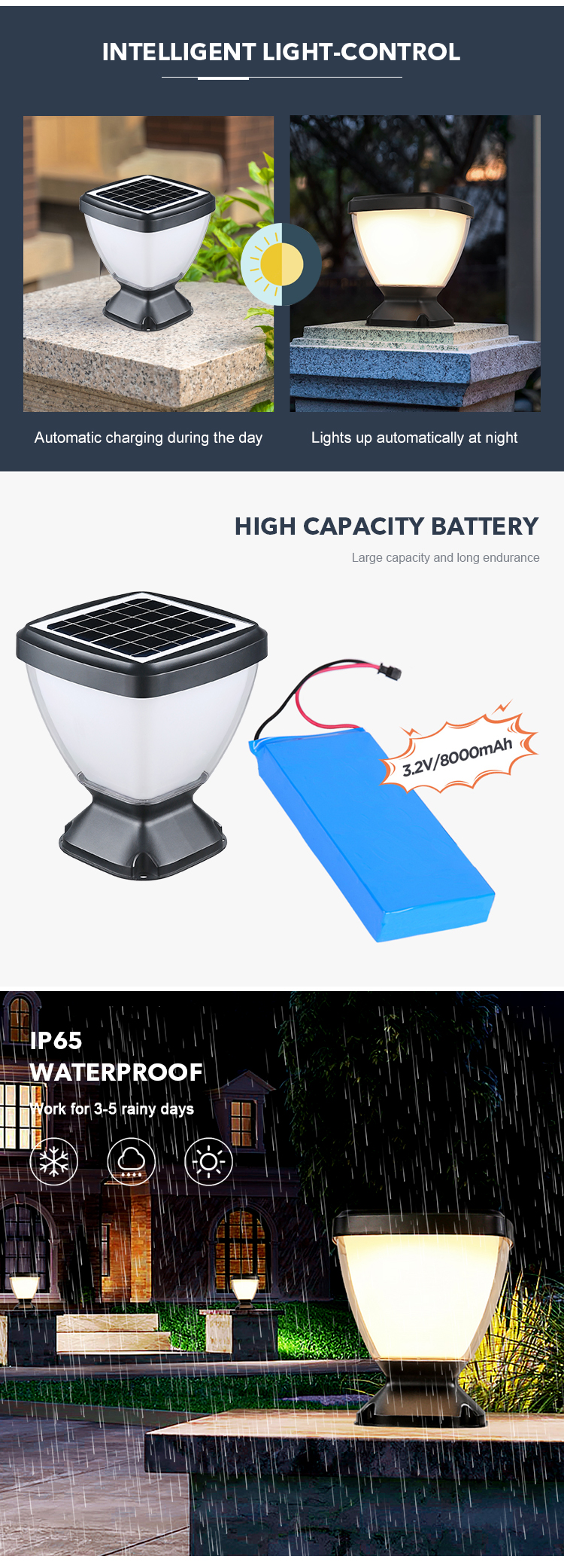 3000K 6500K Light Control Solar Pillar Lighting Solar lantern lamp for Landscape Decorative