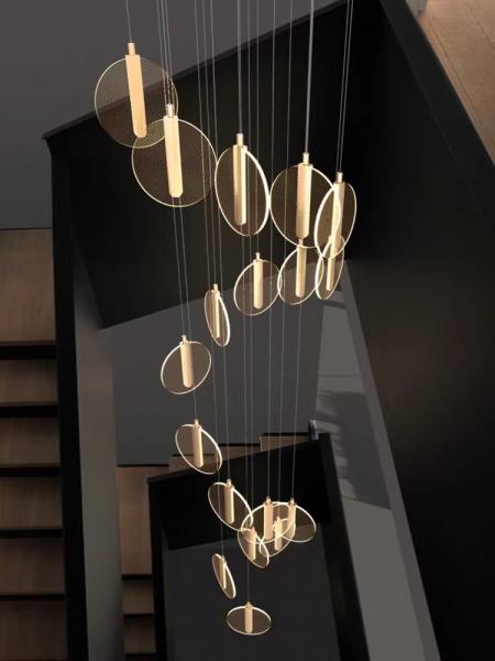 High Ceiling Villa Staircase Led Chandelier Spiral Staircase Round Cake Acrylic