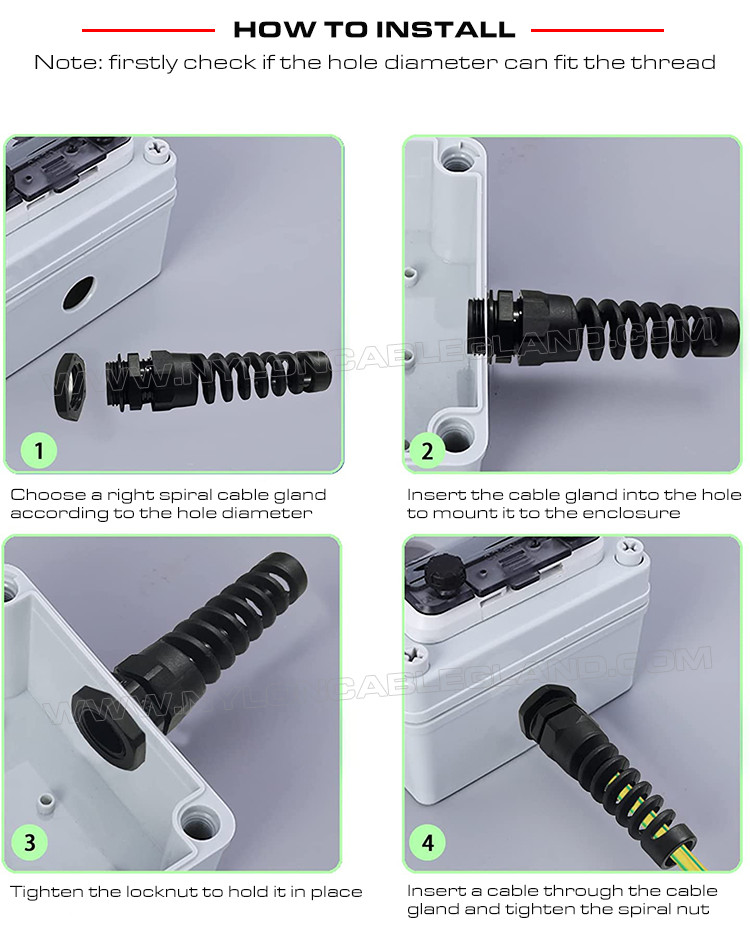 Nylon (Polyamide) Cable Gland, Spiral Type, IP68 Version, PG or Metric Thread, Gray or Black, for Electrical Cabinet