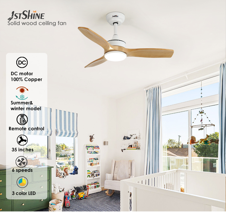 Small Space 35 Inch Solid Wood Blades Ceiling Fan with LED Light Motor DC Pure Copper