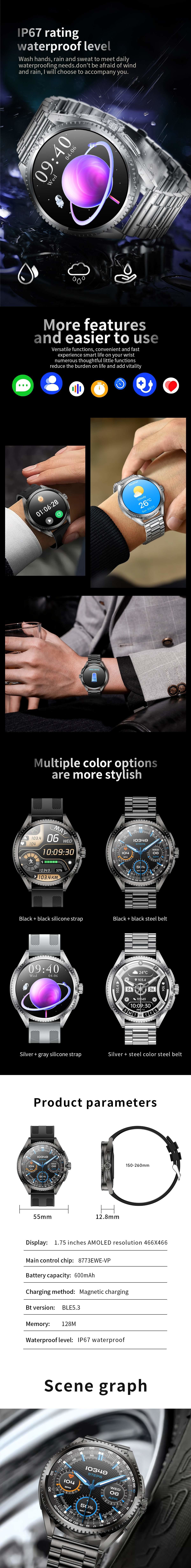 CF52 Sports Men Smart Watch Outdoor Flashlight 1.75" Amoled Screen 600mAh Battery