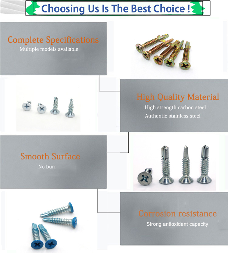 Steel Zinc Plated Phillips Flat Head Self Drilling Screws with 2 Ears CSK Head Design